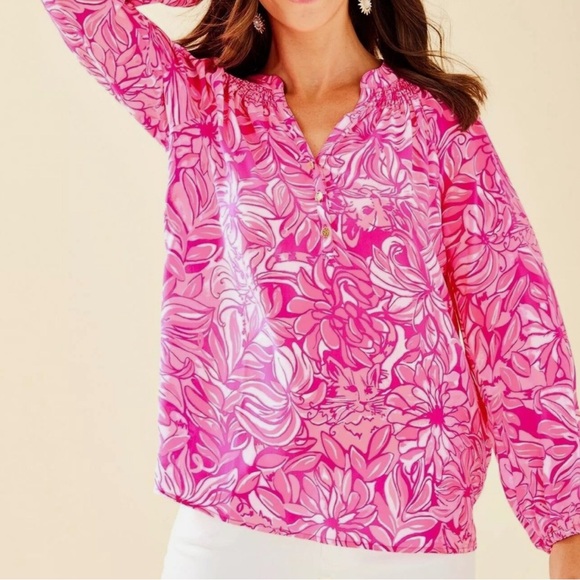 Lilly Pulitzer Elsa Top Pink Pawsitive Cattitude Floral Cats 100% Silk Blouse S - Picture 9 of 11